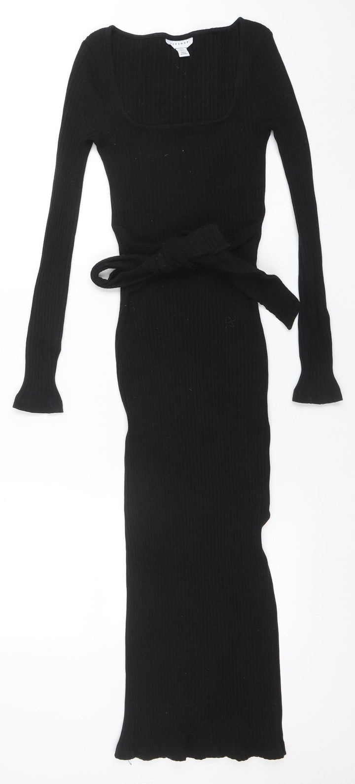 Topshop Women Black Bodycon Ribbed Midi Dress Size 8 Long Sleeve