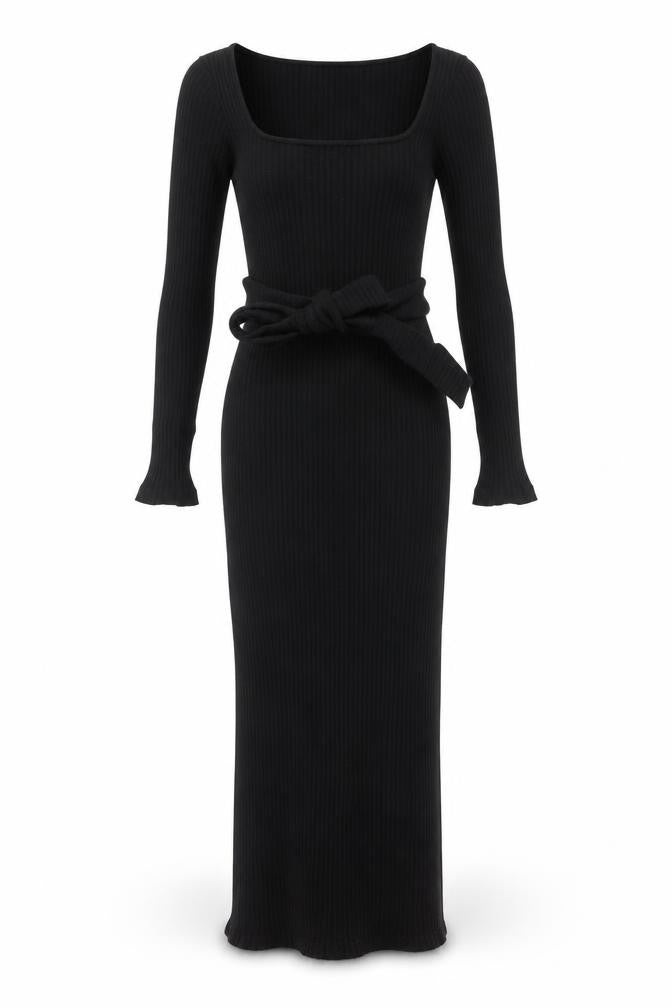 Topshop Women Black Bodycon Ribbed Midi Dress Size 8 Long Sleeve
