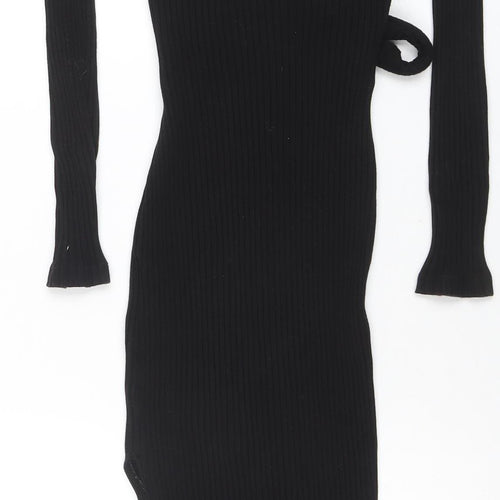 Topshop Women Black Bodycon Ribbed Midi Dress Size 8 Long Sleeve