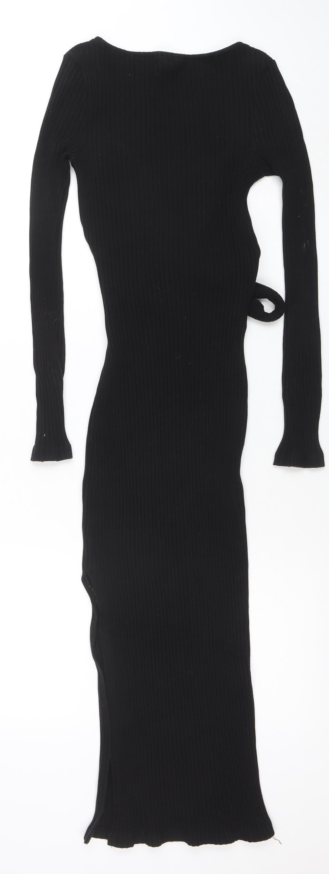 Topshop Women Black Bodycon Ribbed Midi Dress Size 8 Long Sleeve
