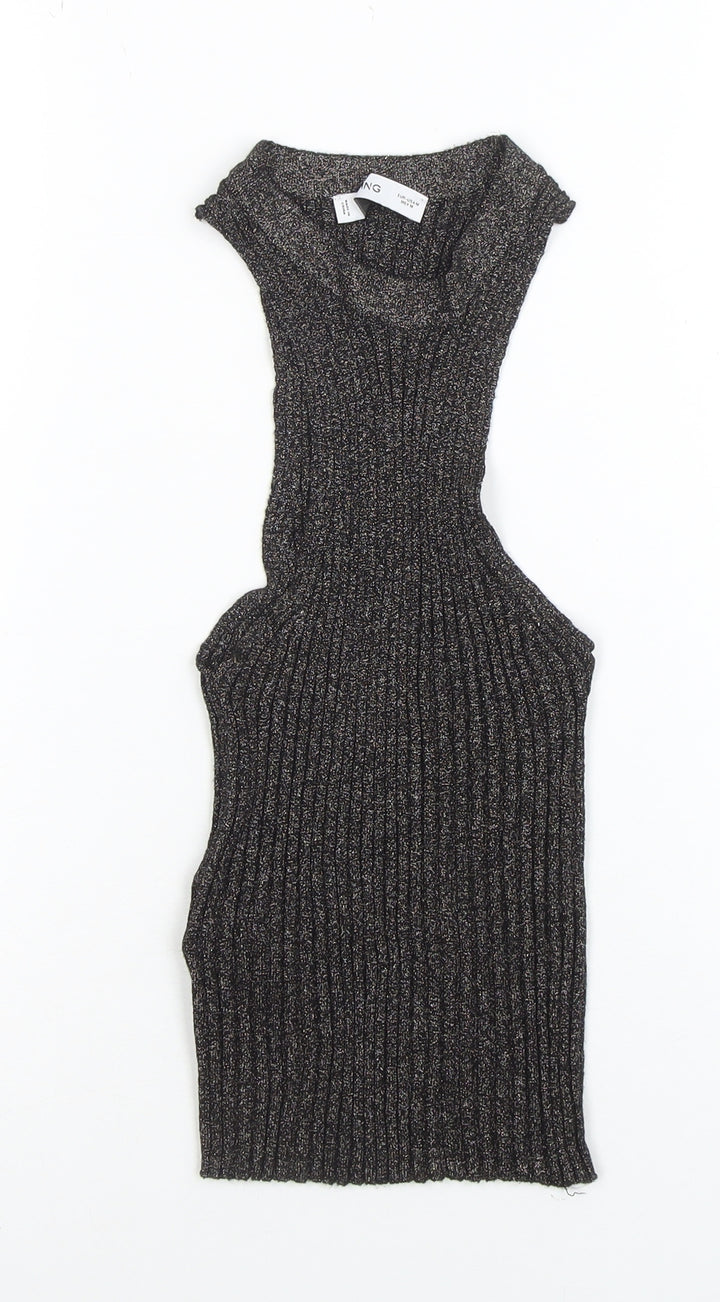 MNG Women's Black Metallic Ribbed Halter Camisole Top Size M