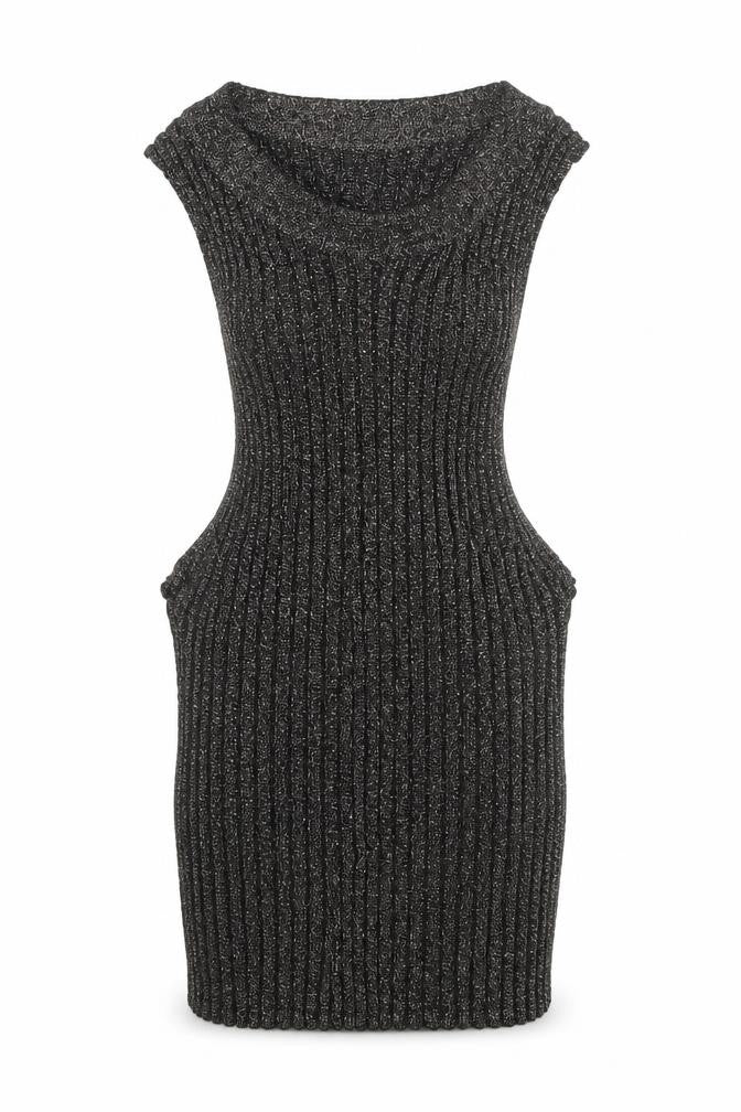 Front view of Mango Women's Black Metallic Ribbed Halter Camisole Top, size M