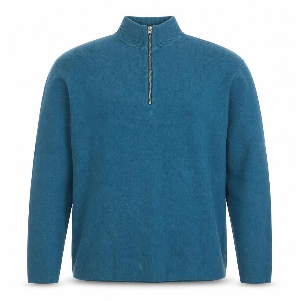Front view of ASOS men’s blue 1/2 zip high neck cotton sweater, size L