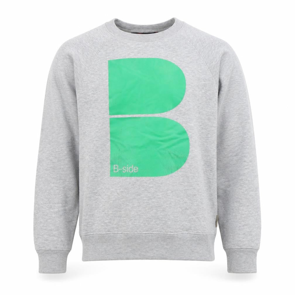 Front view of B-side men’s grey crew neck sweatshirt m graphic urban pullover