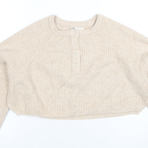 Pull&Bear Women's Beige Henley Knit Jumper Size S