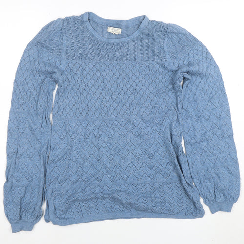 Fat Face Women Blue Cotton Open-Knit Long Sleeve Jumper Size 8