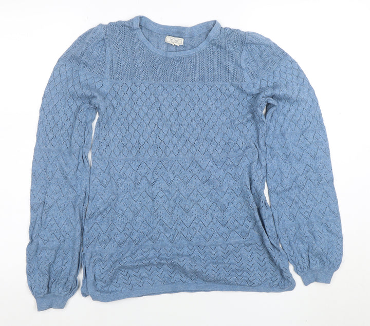 Fat Face Women Blue Cotton Open-Knit Long Sleeve Jumper Size 8