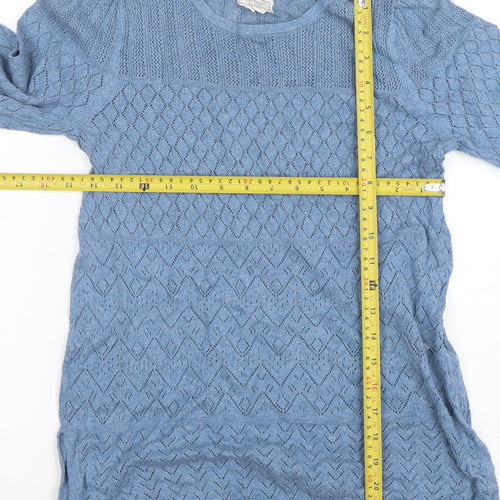Fat Face Women Blue Cotton Open-Knit Long Sleeve Jumper Size 8