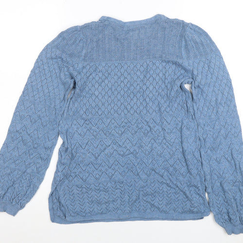 Fat Face Women Blue Cotton Open-Knit Long Sleeve Jumper Size 8