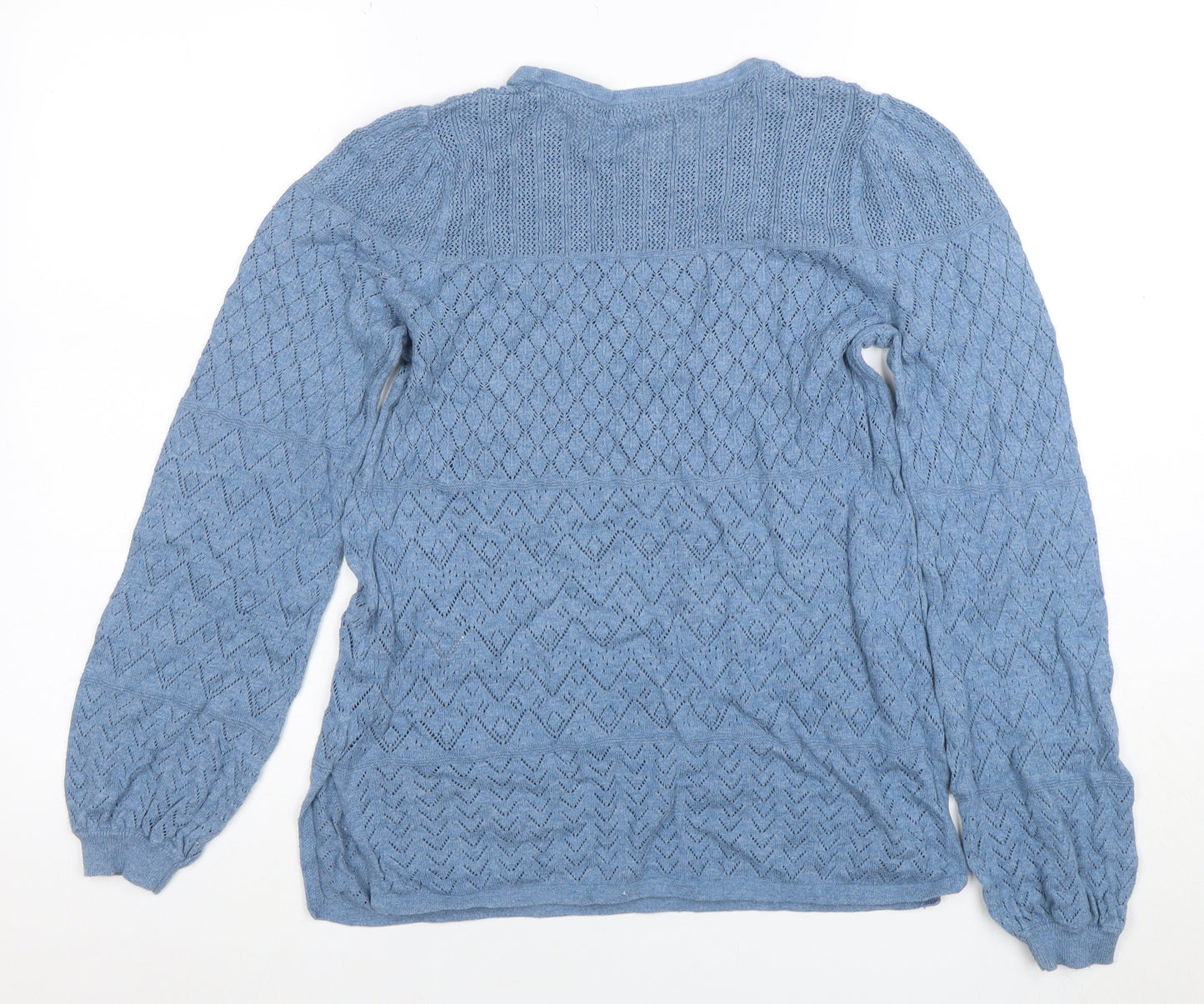 Fat Face Women Blue Cotton Open-Knit Long Sleeve Jumper Size 8
