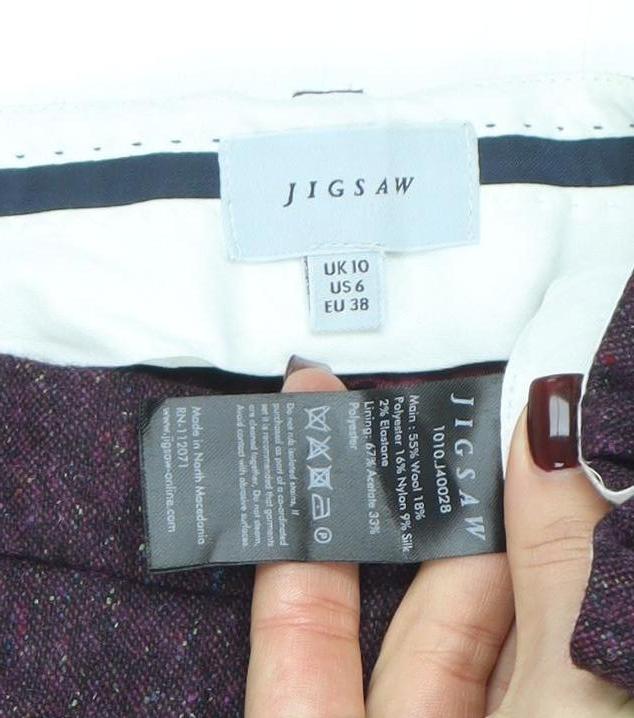 Jigsaw Women's Purple Wool Blend Tweed Straight Trousers UK 10
