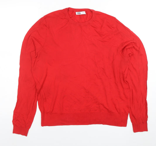 ZARA Women Red Cotton Long Sleeve Basic Crew Neck T-Shirt XL