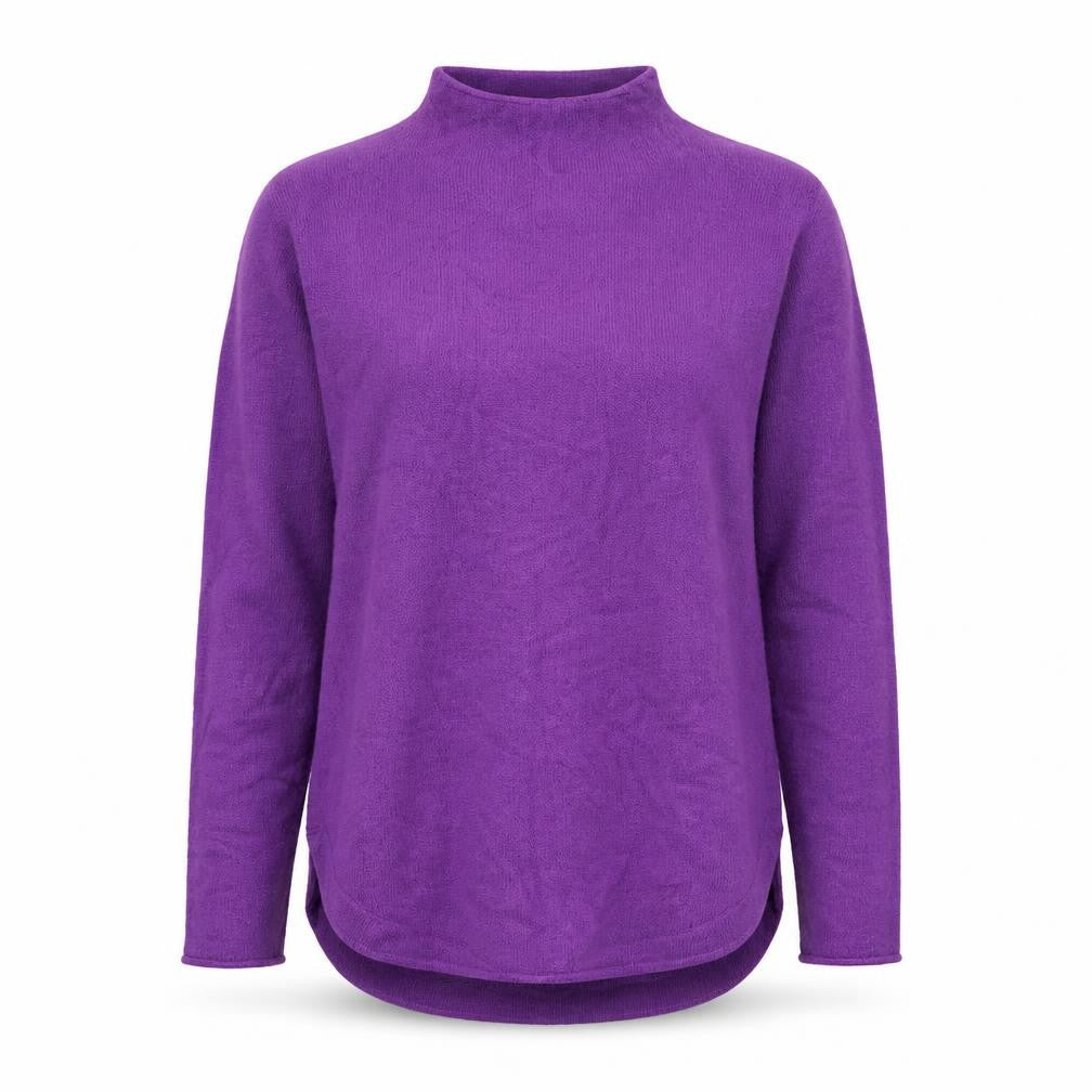 Front view of NOOSNOW women’s purple wool blend mock neck long sleeve jumper m