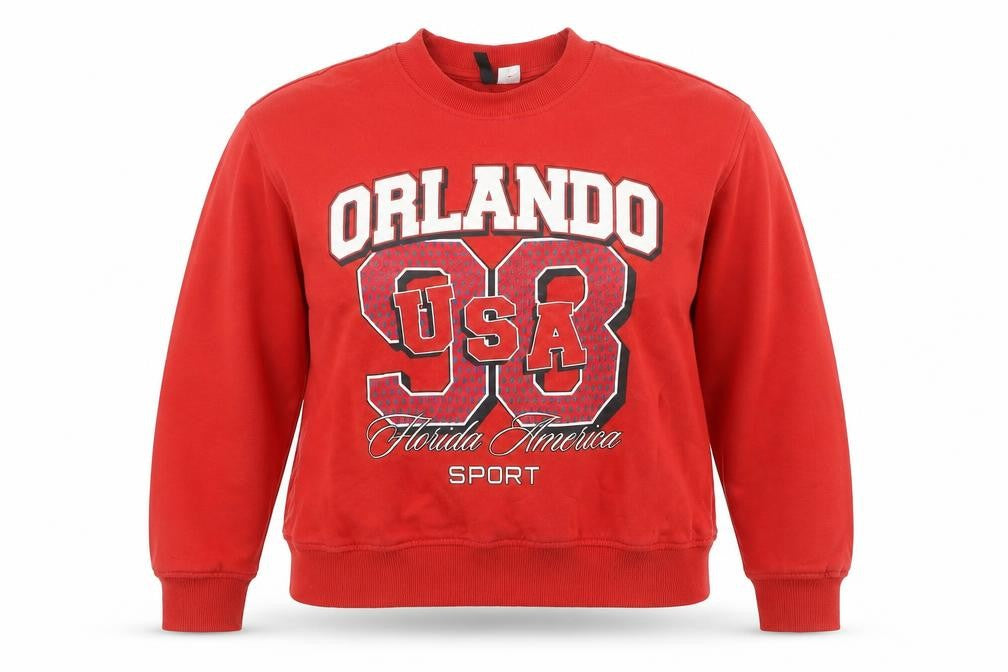 Front view of H&M Divided Women's Red Orlando USA 98 Pullover Sweatshirt, size 12