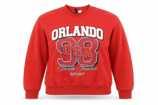 Front view of H&M Divided Women's Red Orlando USA 98 Pullover Sweatshirt, size 12
