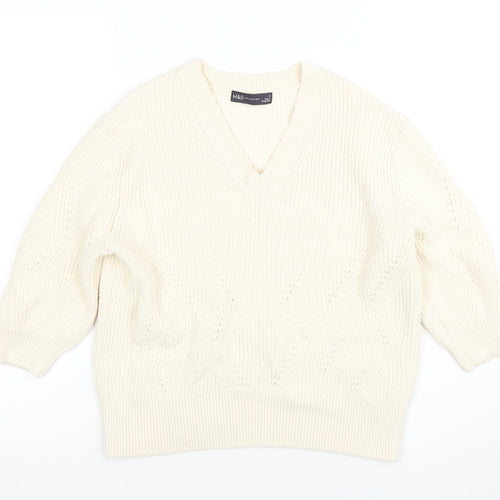Marks and Spencer Women's Ivory V-Neck Cable-Knit Jumper Size S