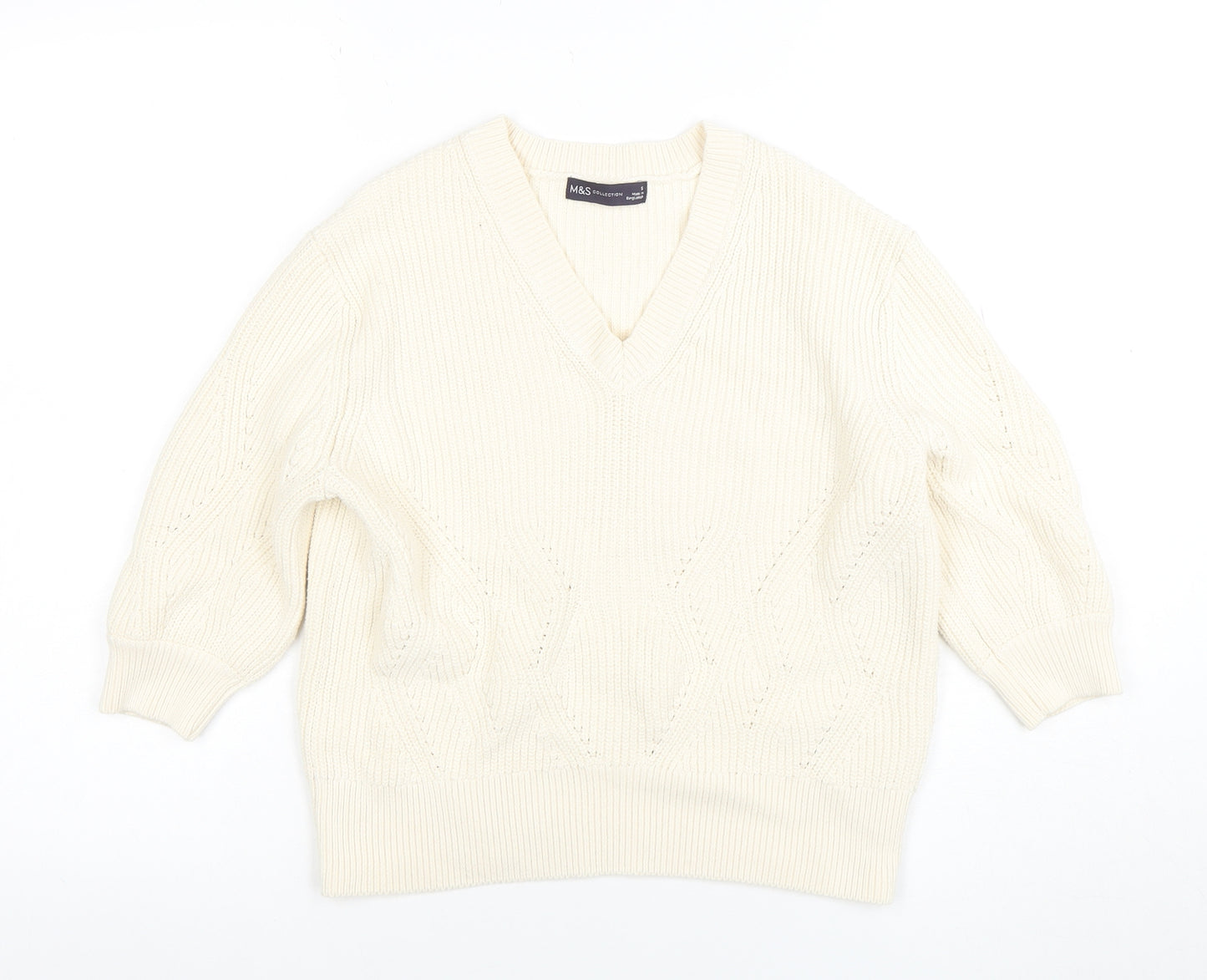 Marks and Spencer Women's Ivory V-Neck Cable-Knit Jumper Size S
