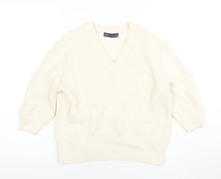 Marks and Spencer Women's Ivory V-Neck Cable-Knit Jumper Size S