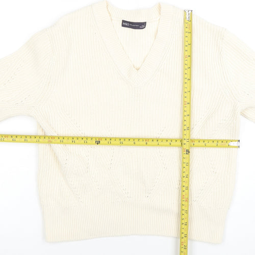 Marks and Spencer Women's Ivory V-Neck Cable-Knit Jumper Size S