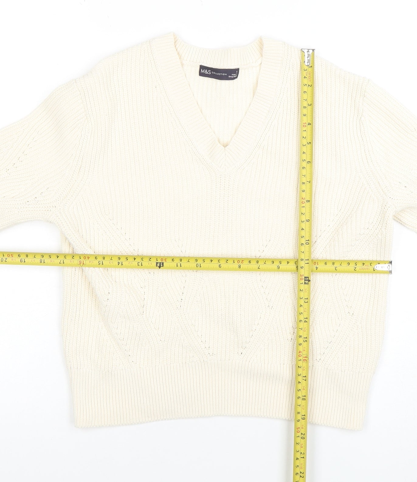 Marks and Spencer Women's Ivory V-Neck Cable-Knit Jumper Size S