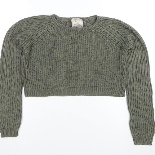 Pull&Bear Women Green Chunky-Knit Crew Neck Jumper Size S
