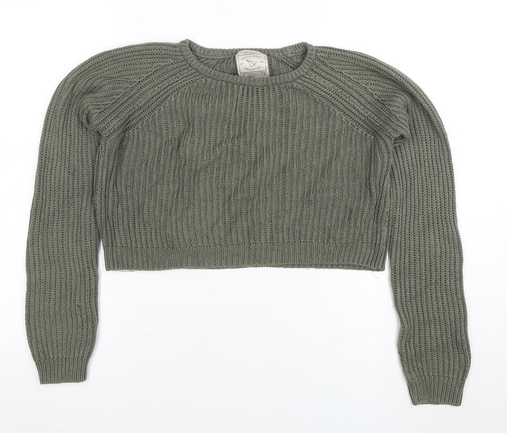 Pull&Bear Women Green Chunky-Knit Crew Neck Jumper Size S