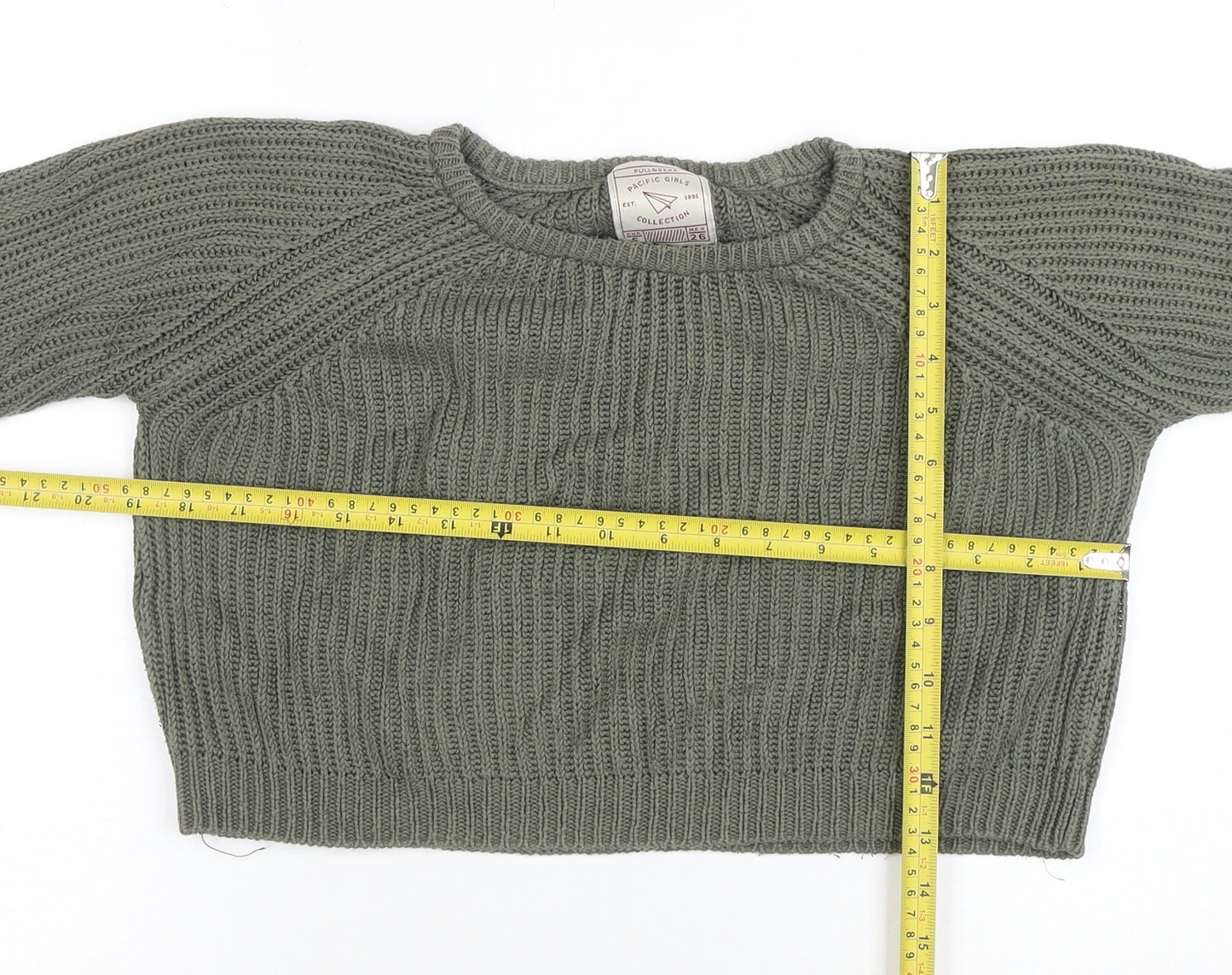 Pull&Bear Women Green Chunky-Knit Crew Neck Jumper Size S