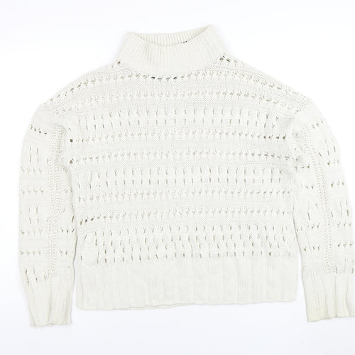 Noisy May Women Ivory High Neck Open Knit Cotton Jumper Size M