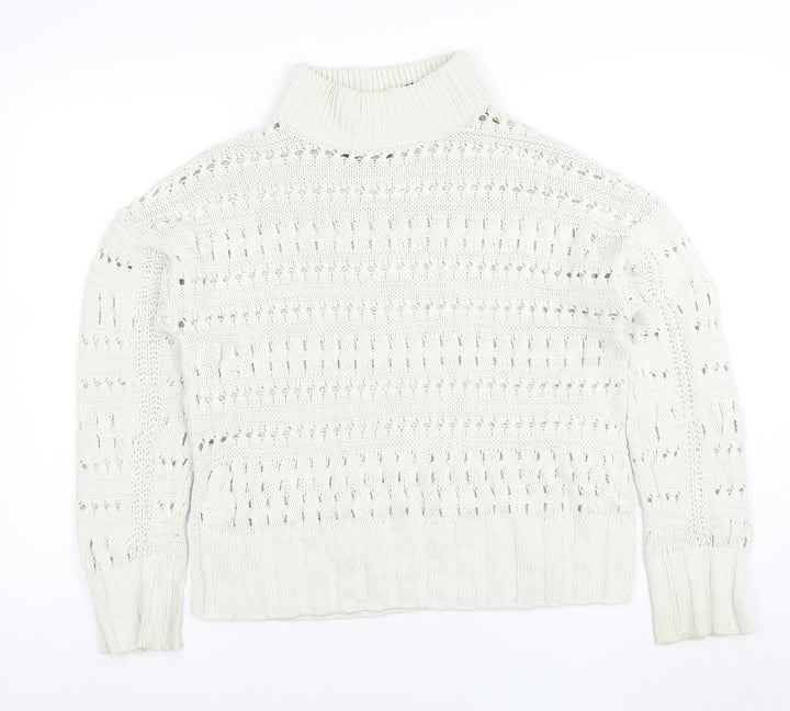 Noisy May Women Ivory High Neck Open Knit Cotton Jumper Size M