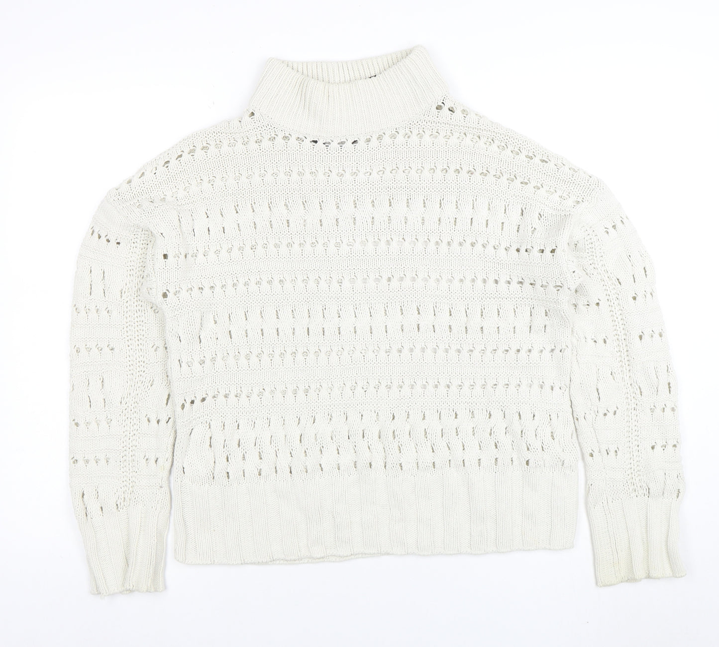 Noisy May Women Ivory High Neck Open Knit Cotton Jumper Size M