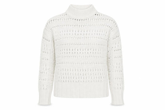 Front view of Noisy May Women Ivory High Neck Open Knit Cotton Jumper, size M