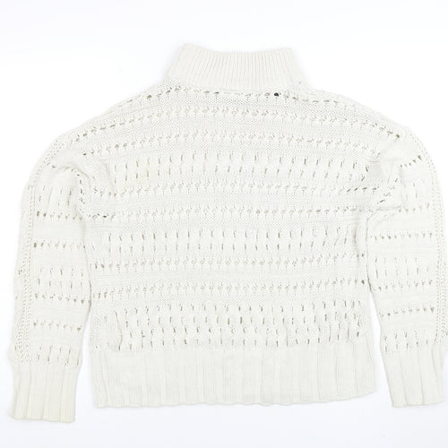 Noisy May Women Ivory High Neck Open Knit Cotton Jumper Size M