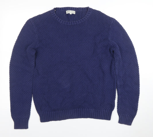 Reiss Men's Blue Cotton Waffle-Knit Crew Neck Jumper Size M