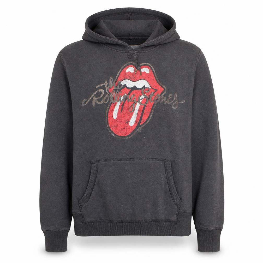 Front view of H&M L.O.G.G. women’s black rolling stones pullover hoodie, size UK 12