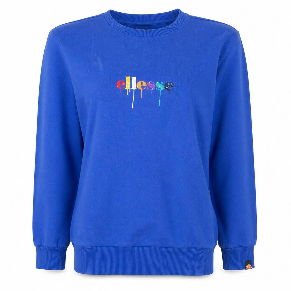 Front view of Ellesse women’s blue crew neck pullover sweatshirt, size M