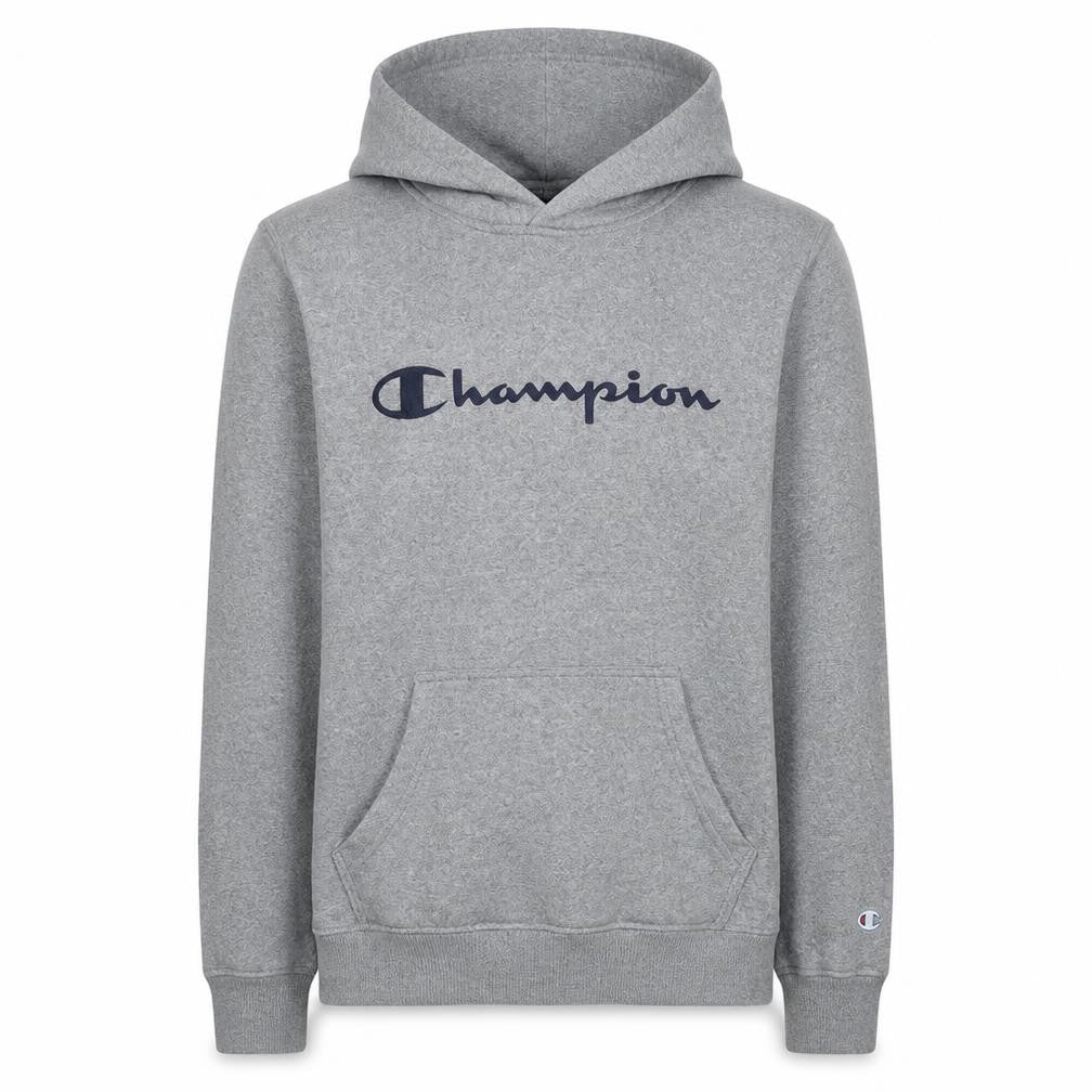Front view of Champion Men's Grey Pullover Hoodie Medium Graphic Logo