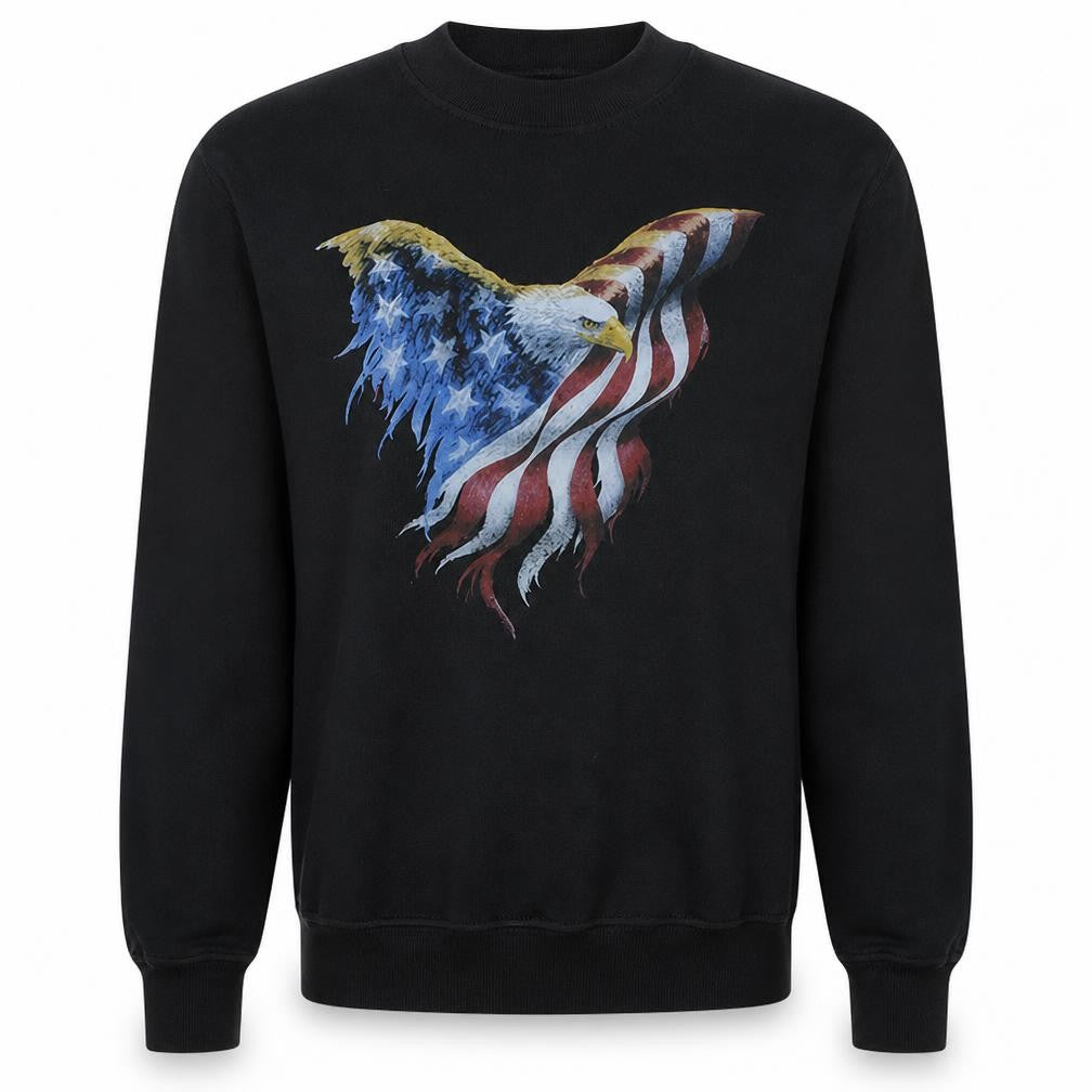 Front view of Gildan Men's Black Patriotic Eagle Flag Graphic Pullover Sweatshirt L