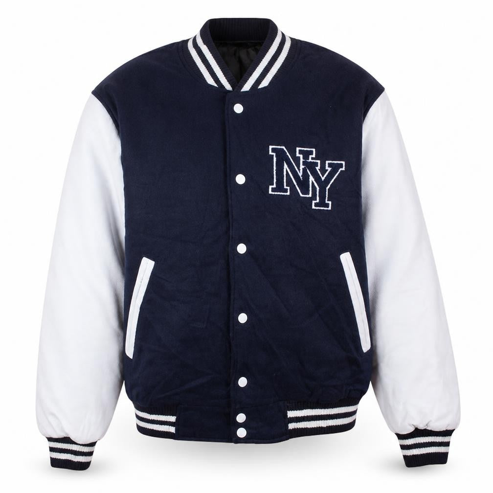 Front view of Mil-Tec Men's Blue White NY Varsity Baseball Jacket, size S