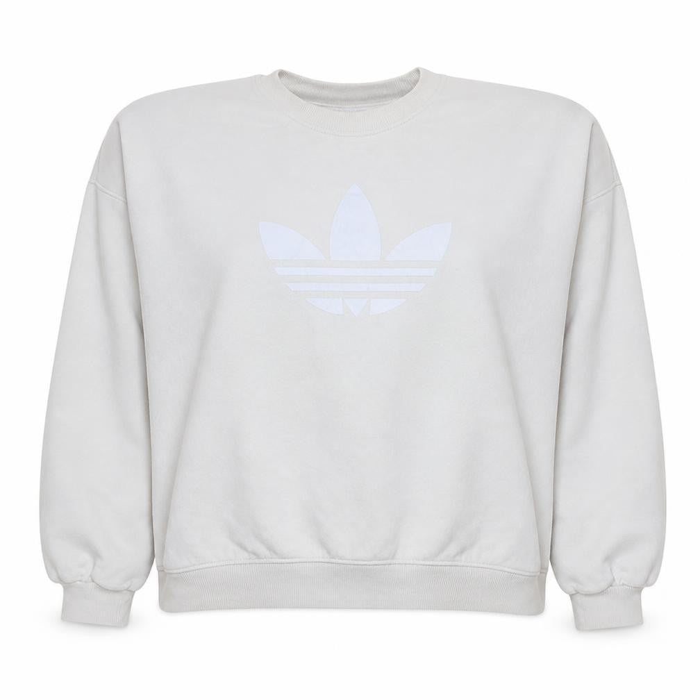Front view of Adidas women’s white crew neck pullover sweatshirt, size UK 20
