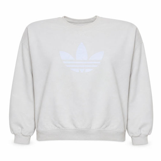 Front view of Adidas women’s white crew neck pullover sweatshirt, size UK 20