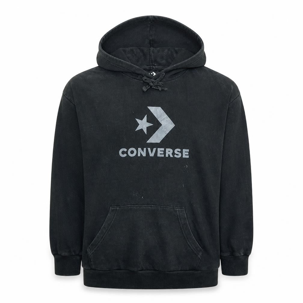Front view of Converse men’s black pullover hoodie xs regular fit logo fleece