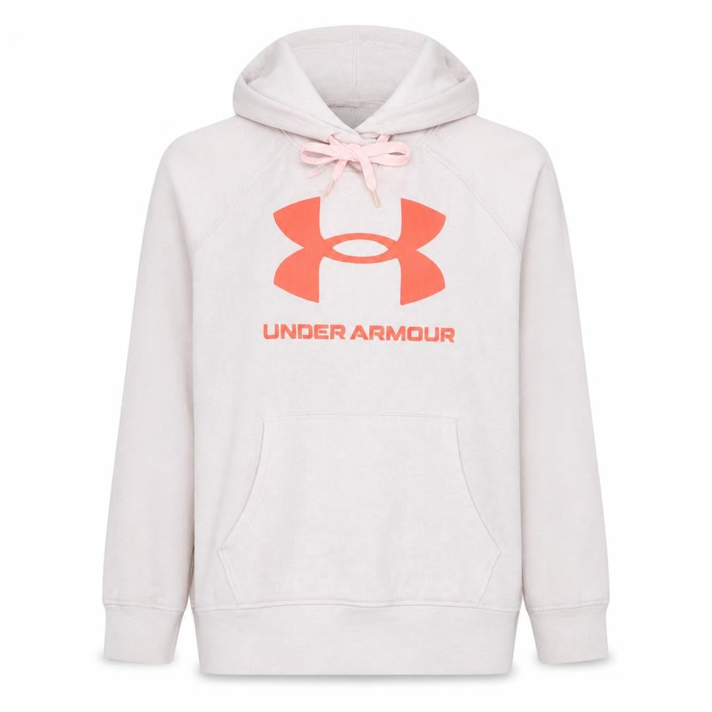 Front view of Under Armour Women's Beige Pullover Hoodie, size L, Logo Design