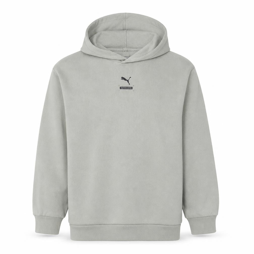 Front view of Puma Men's Beige Pullover Hoodie, size L, Logo Sportswear