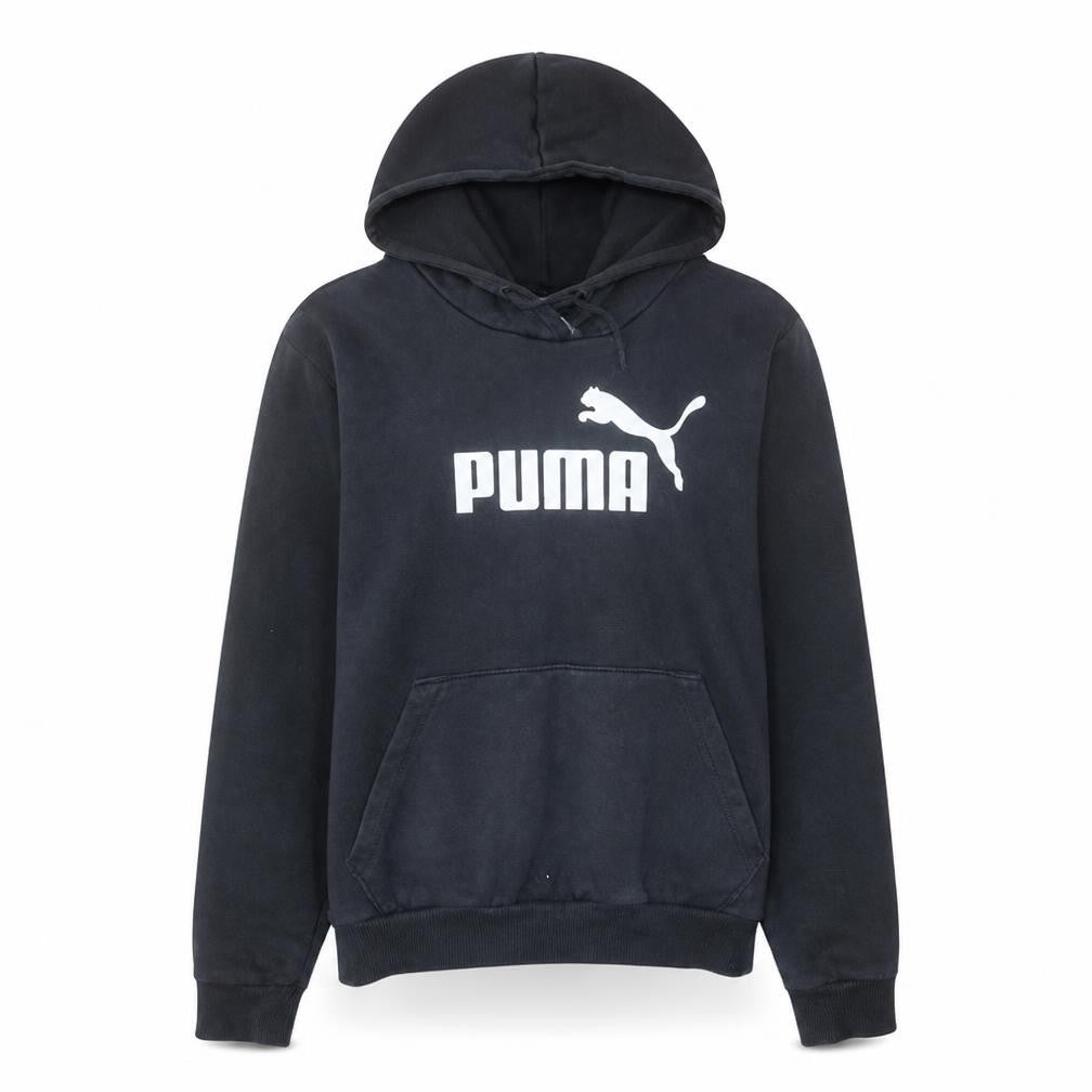Front view of Puma Women Black Pullover Hoodie, size L, Logo Graphic Sweatshirt