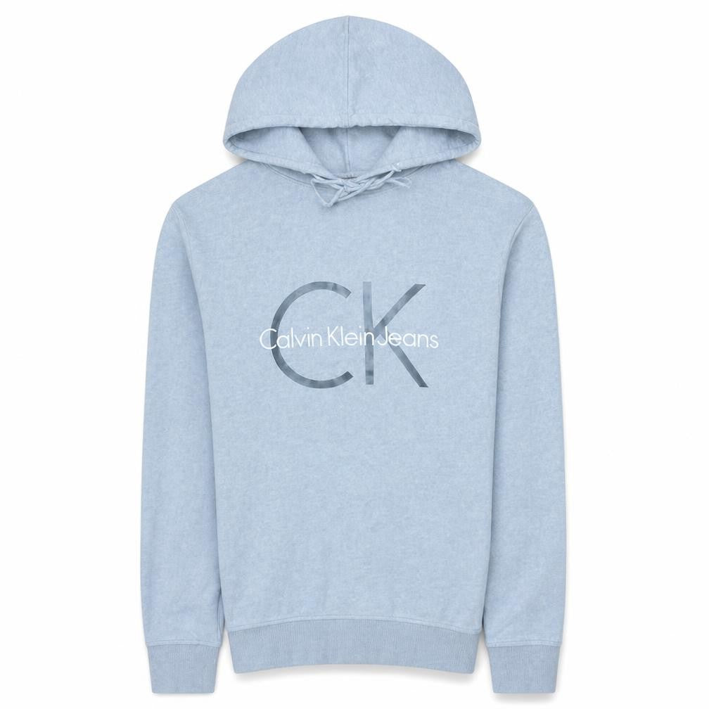 Front view of Calvin Klein Jeans Men's Blue Pullover Hoodie, size S, Logo Graphic