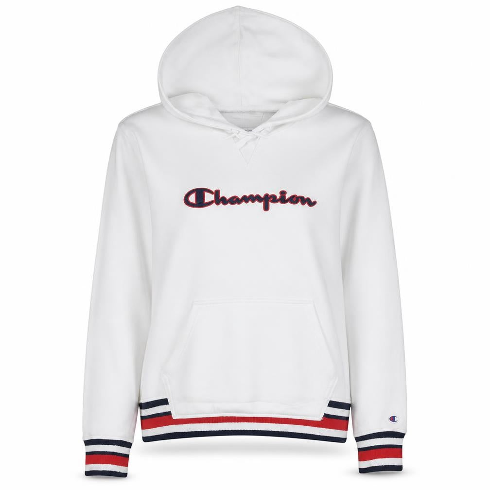Front view of Champion women’s white large pullover hoodie with logo embroidery