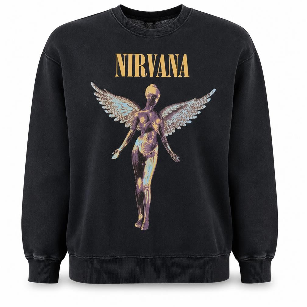 Front view of Nirvana Women's Black Graphic Print Pullover Sweatshirt, size L