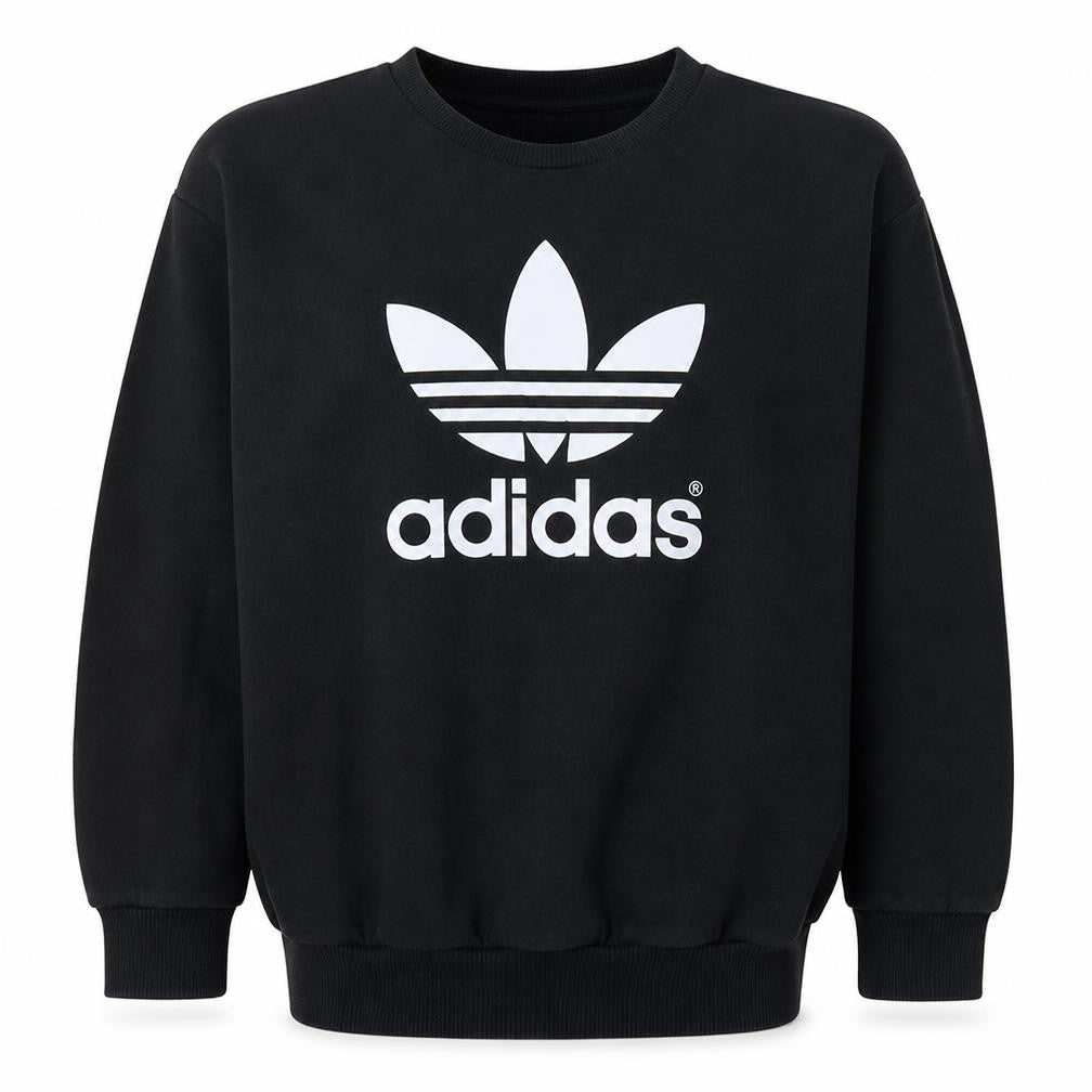 Front view of Adidas women’s black crew neck sweatshirt, size UK 8, logo print pullover