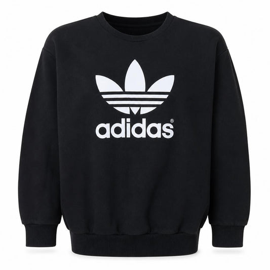 Front view of Adidas women’s black crew neck sweatshirt, size UK 8, logo print pullover