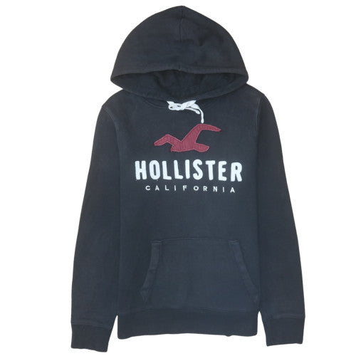 Hollister Mens Black Pullover Hoodie Medium Logo Embroidered Fleece